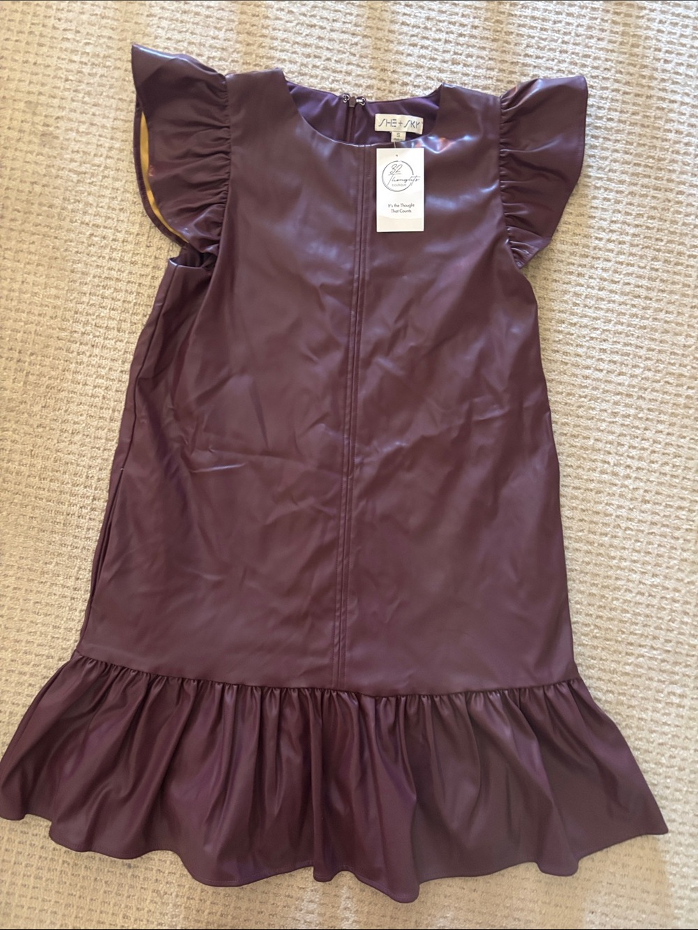 Women’s Faux Leather Ruffle Hem Dress - Plum